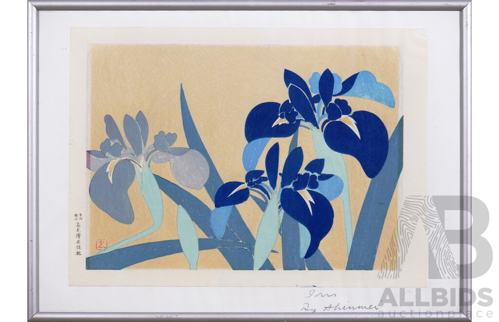 Shinmei Kato (1910-1998, Japanese), Irises, Woodcut