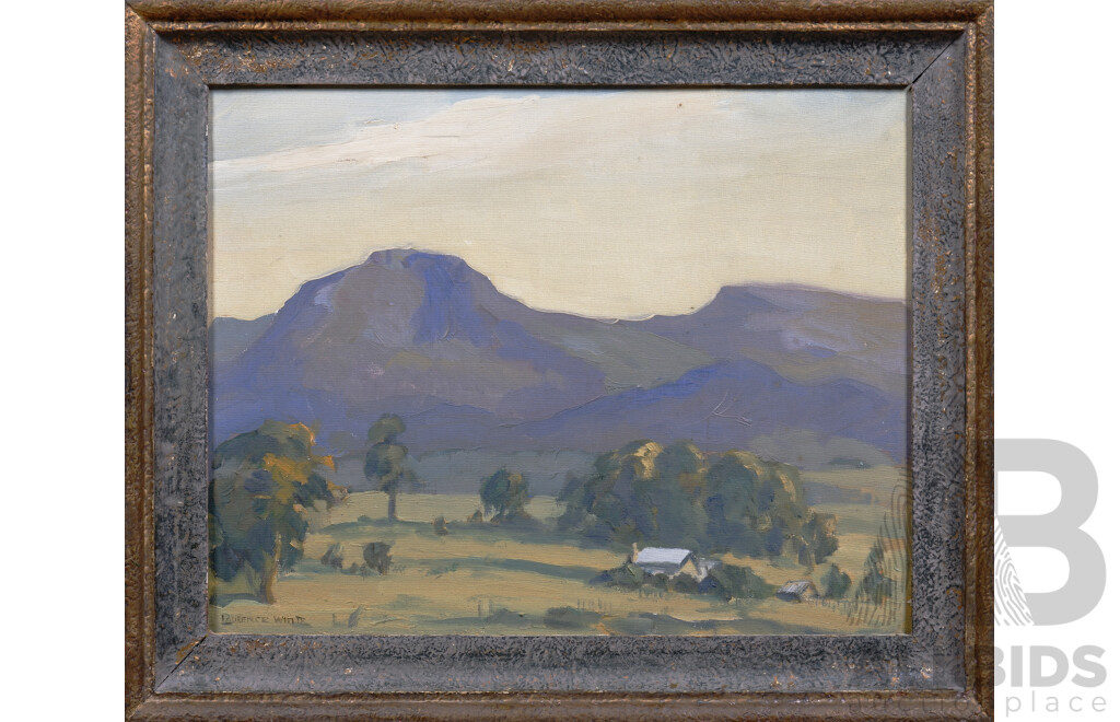 Laurence White (1914-1974), Untitled (Country Homestead with Mountain Range), Oil on Card