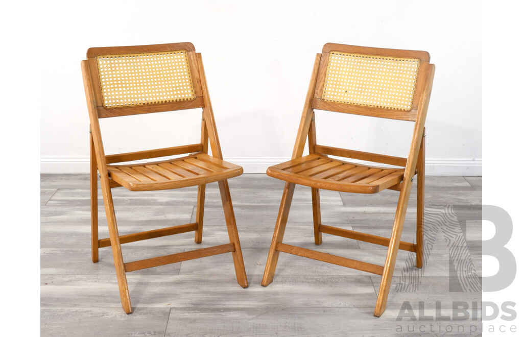 Pair of Folding Oak Dining Chairs with Rattan Back and Seat