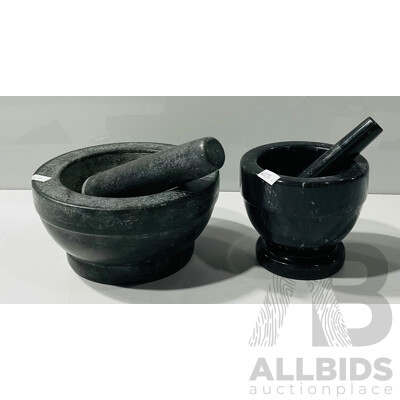 Pair of Mortar and Pestles - Larger Crafted From Granite; Smaller From Marble