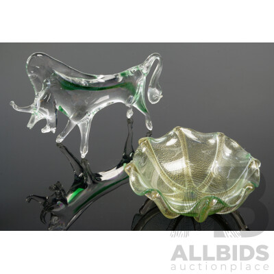 Mid Century Murano Glass Bull Figurine Along with Art Glass Dish with Aventurine Inclusions