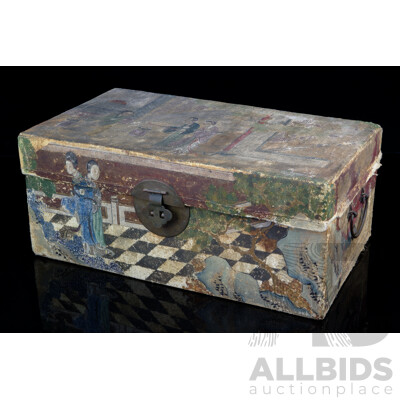 Antique Chinese Artwork Painted Leather Clad Box, for Restoration