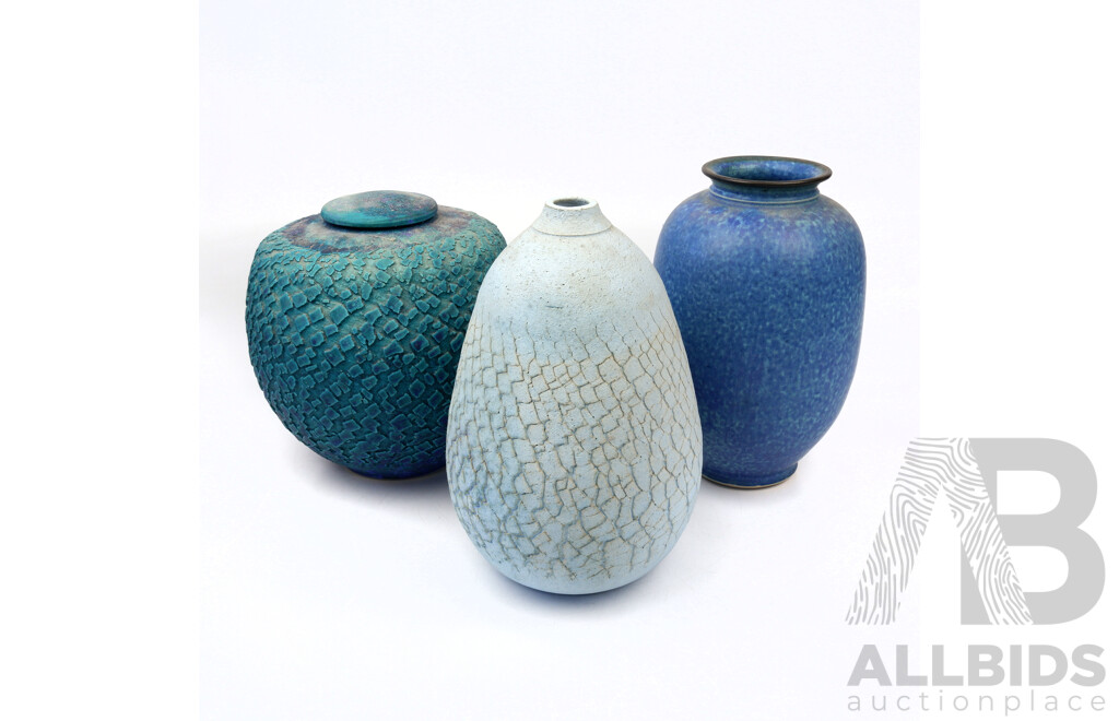 Two Hand Made Studio Pottery Pieces with Textured Finish Signed Carolyn to Base Along with Another Studio Pottery Blue Vase