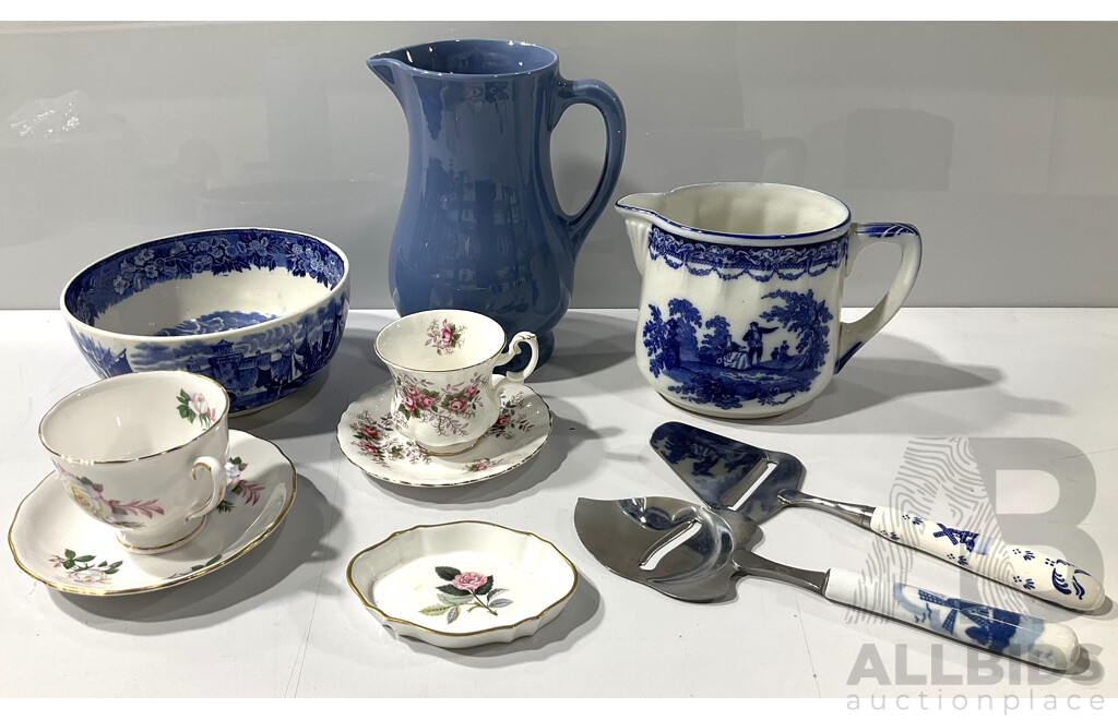 Collection Vintage Porcelain Including Wedgwood PIn Dish, Royal Albert Lavebder Rose Duo, Doulton Burslem Blue and White Jug and More