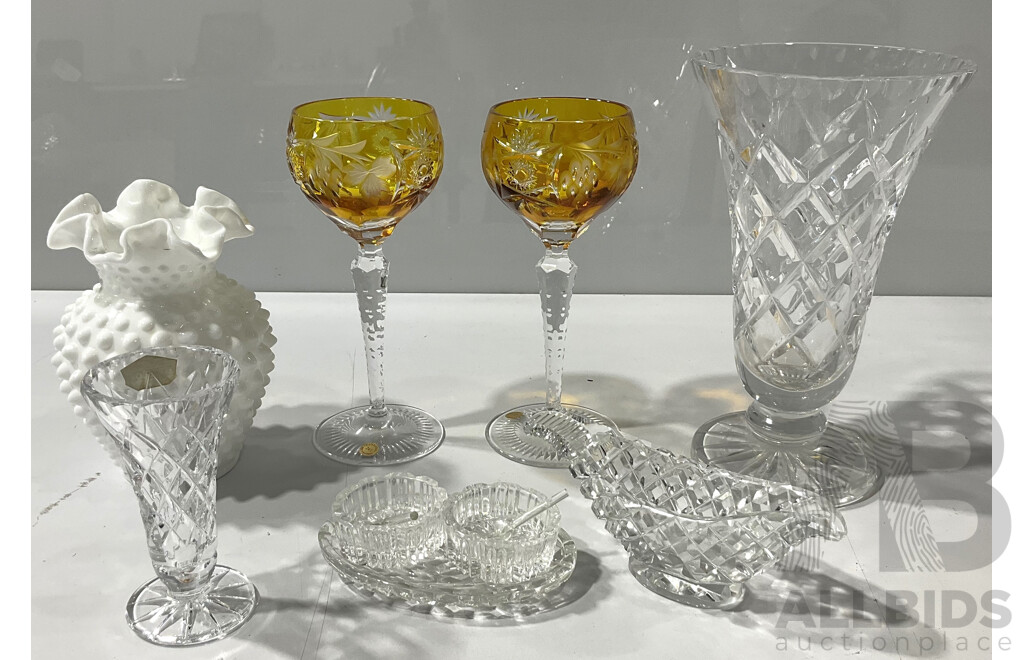 Collection Vintage Crystal Including Pair Bohemian Cut Crystal Wine Glasses with Flashed Yellow Detail