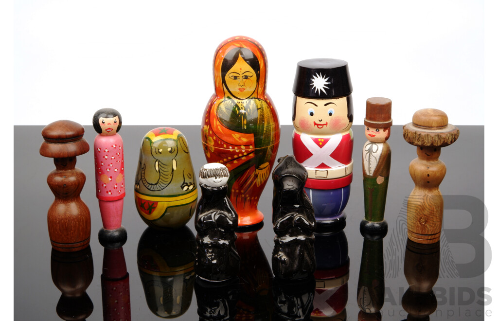 Collection  Three Graduating Babushka Style Toys Including Soldier, Elephant and Babushka ALong with Four Wooden Figures and Two Ceramic Examples