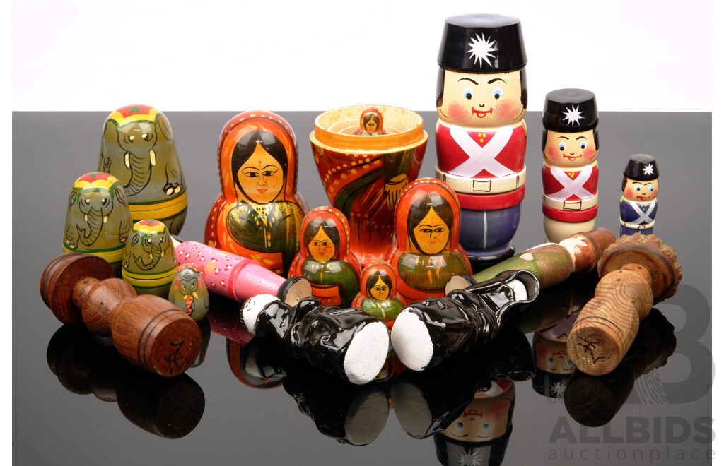 Collection  Three Graduating Babushka Style Toys Including Soldier, Elephant and Babushka ALong with Four Wooden Figures and Two Ceramic Examples