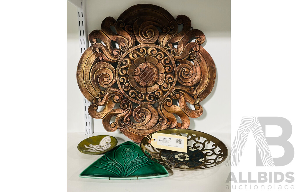 Varied Collection of Decorative Homewares Including Blue Ponga Designs New Zealand Made Green Triangular Plate, Solid Brass Bowl/Dish Made in India and More