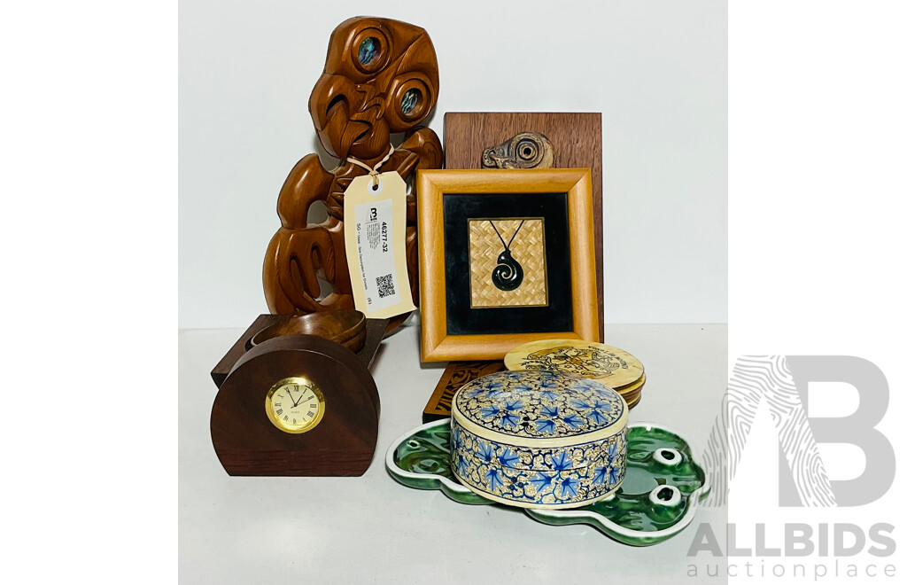 Collection of Tribal and Other Decorative Items and More Including Framed Pounami Maui Hook From New Zealand, Kingdom of Tonga Coasters, a Jarrah/Sheoak Wood Clock and More