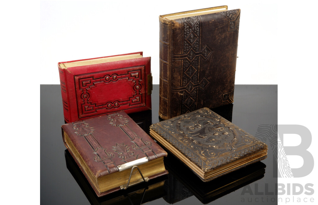 Collection Four Antique Victorian Photograph Albums with Tooled Leather Covers