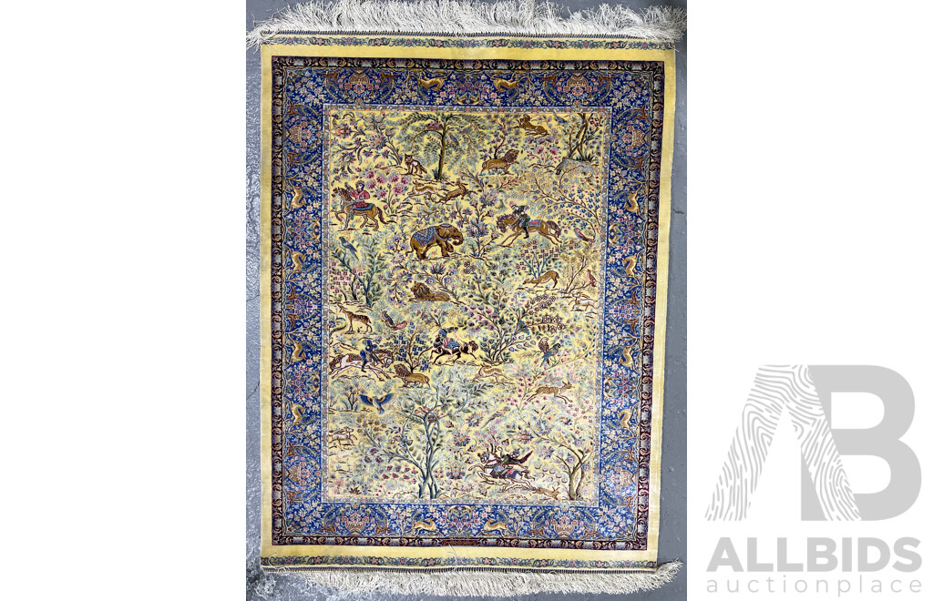 Fine Hand Knotted Persian Silk Signed Hunting Rug
