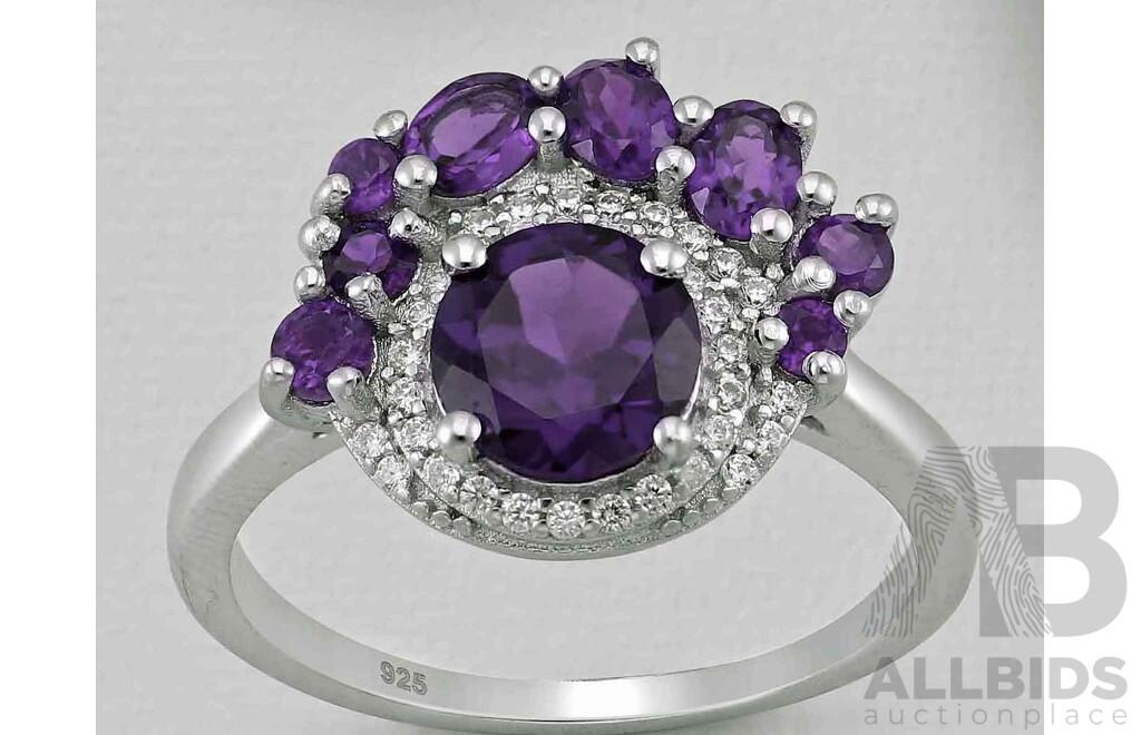 Sterling Silver Ring - Natural Amethysts