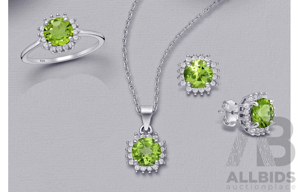 Sterling Silver Set of Peridot Ring, Pendant and Earrings