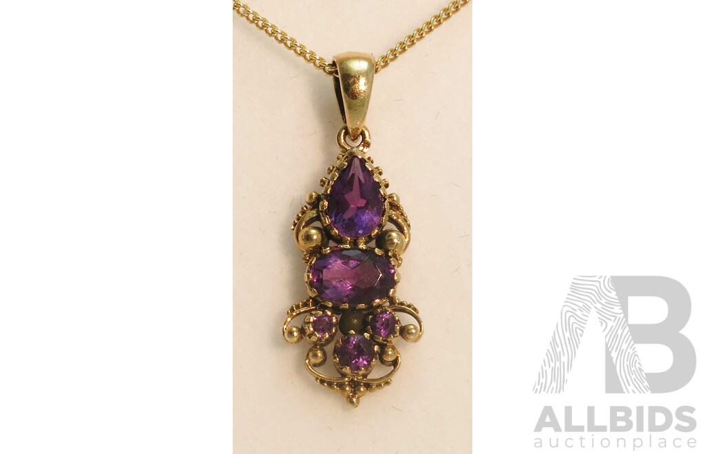 Edwardian Style Natural Amethyst Pendant - 9ct Gold