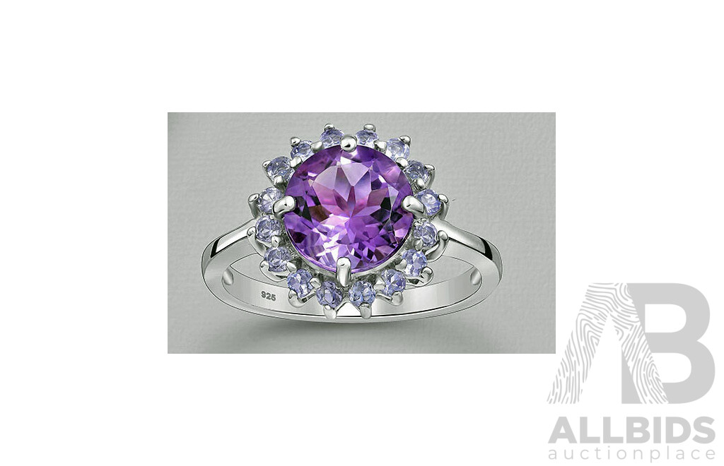 Sterling Silver Ring Set With Natural Amethyst and Tanzanite Halo