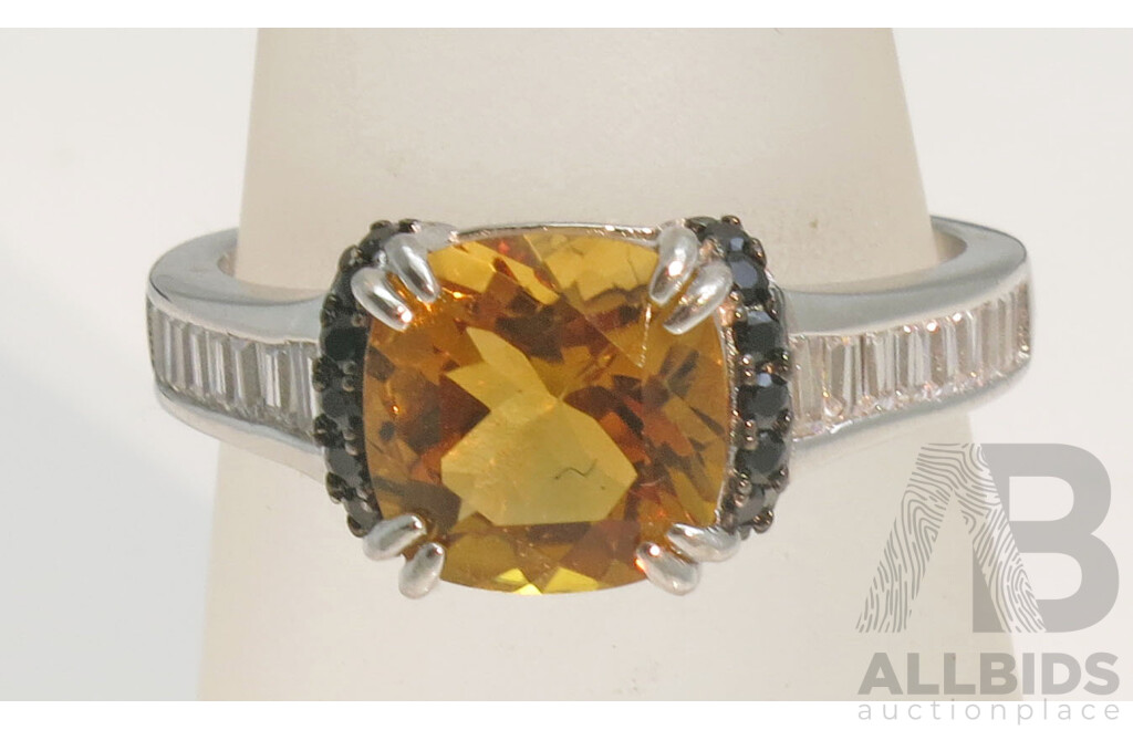 Sterling Silver Ring - Set with Natural Citrine, Black Spinel and White CZ