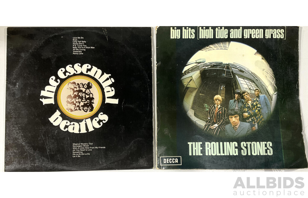 Rolling Stones, High Tide and Green Grass & the Beatles, the Essential Beatles, Both Vinyl LP Records