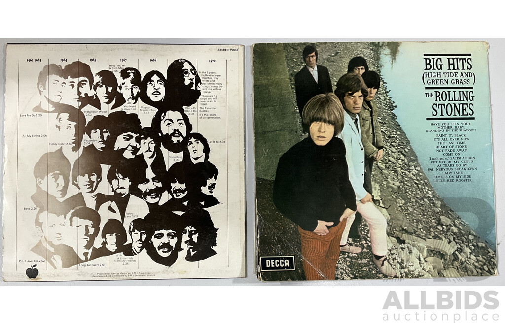 Rolling Stones, High Tide and Green Grass & the Beatles, the Essential Beatles, Both Vinyl LP Records