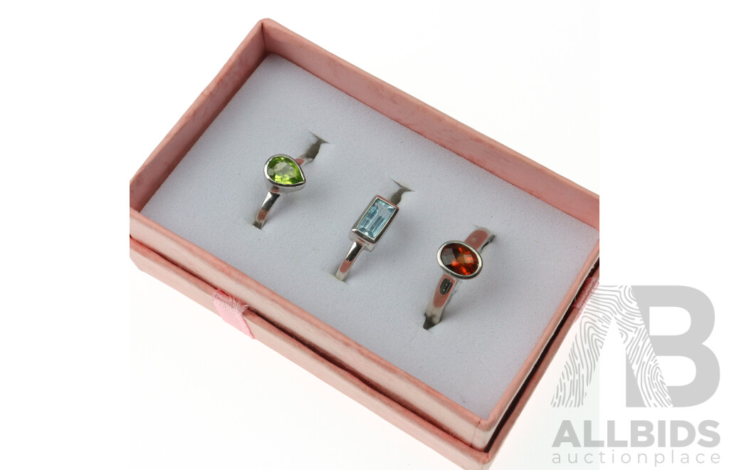 Sterling Silver Rings X 3 with Bezel Set Peridot, Topaz and Fire Citrine