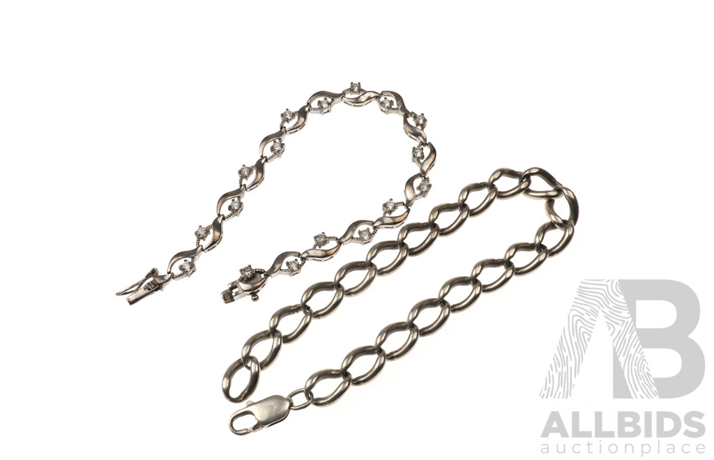 Vintage Sterling Silver CZ Set Bracelet, 18cm & Vintage SS Curb Link Bracelet, 22cm, 34.45 Grams
