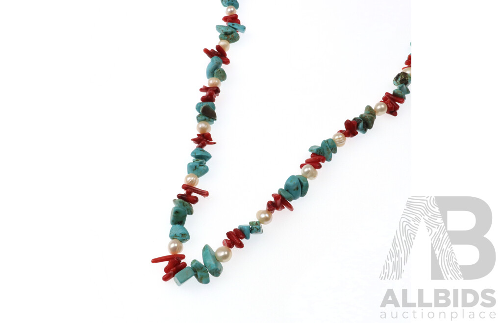 Coral, Turquoise and Freshwater Cultured Pearl Strand, 120cm