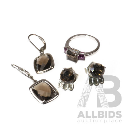 Sterling Silver Smokey Quartz Ring and Two Pairs of Earrings