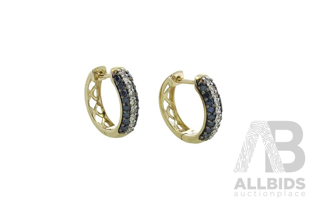 9ct YG Black & White Diamond Hoop Earrings, 14mm, 0.56ct, 2.49 Grams - NEW
