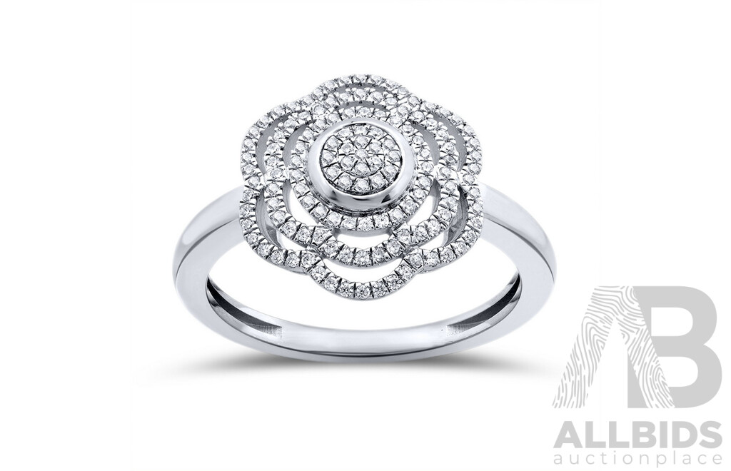 9ct WG Diamond Set Floral Design Ring, Size M, 0.17ct, 2.73 Grams - NEW