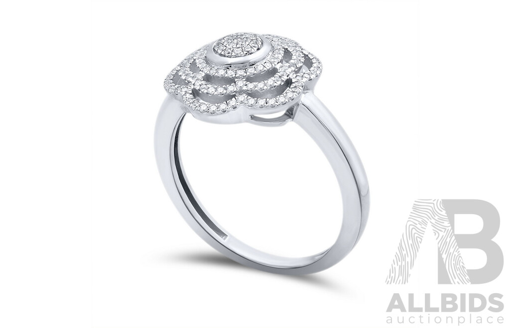 9ct WG Diamond Set Floral Design Ring, Size M, 0.17ct, 2.73 Grams - NEW