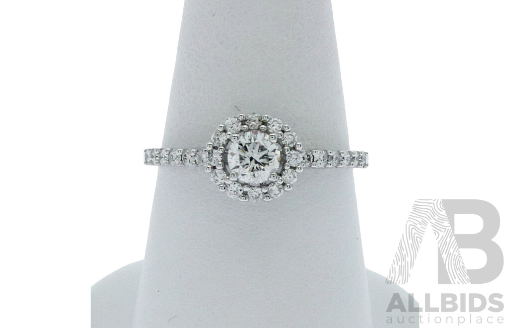 18ct White Gold Diamond Halo Engagement Ring, TDW 0.75CT, H/SI2, Size O, 2.35 Grams - NEW