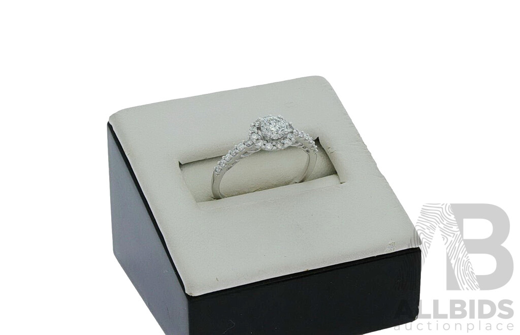 18ct White Gold Diamond Halo Engagement Ring, TDW 0.75CT, H/SI2, Size O, 2.35 Grams - NEW
