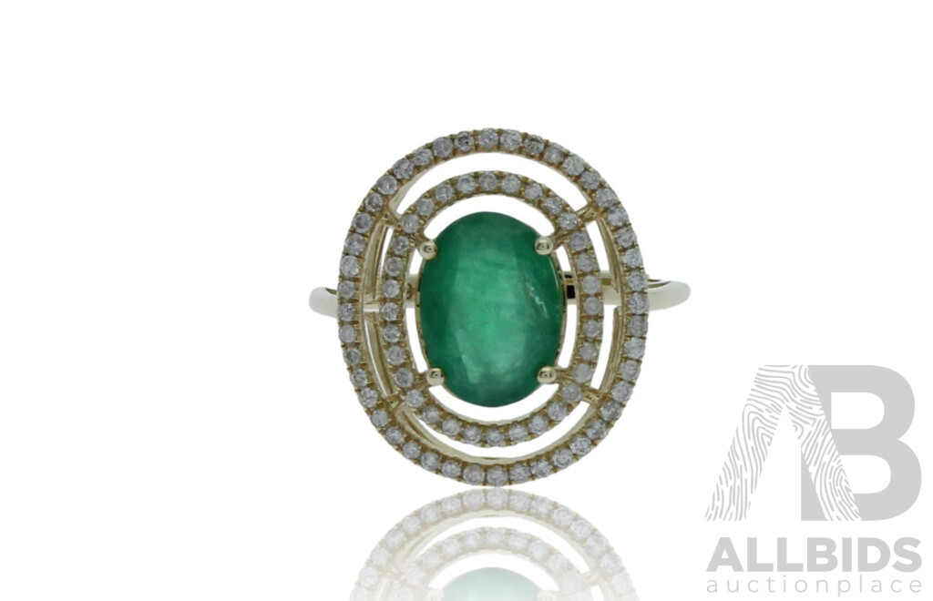 9CT Natural 2.30CT Emerald & Diamond (0.39CT H/SI2) Ring, Size N 1/2, 2.19 Grams - NEW