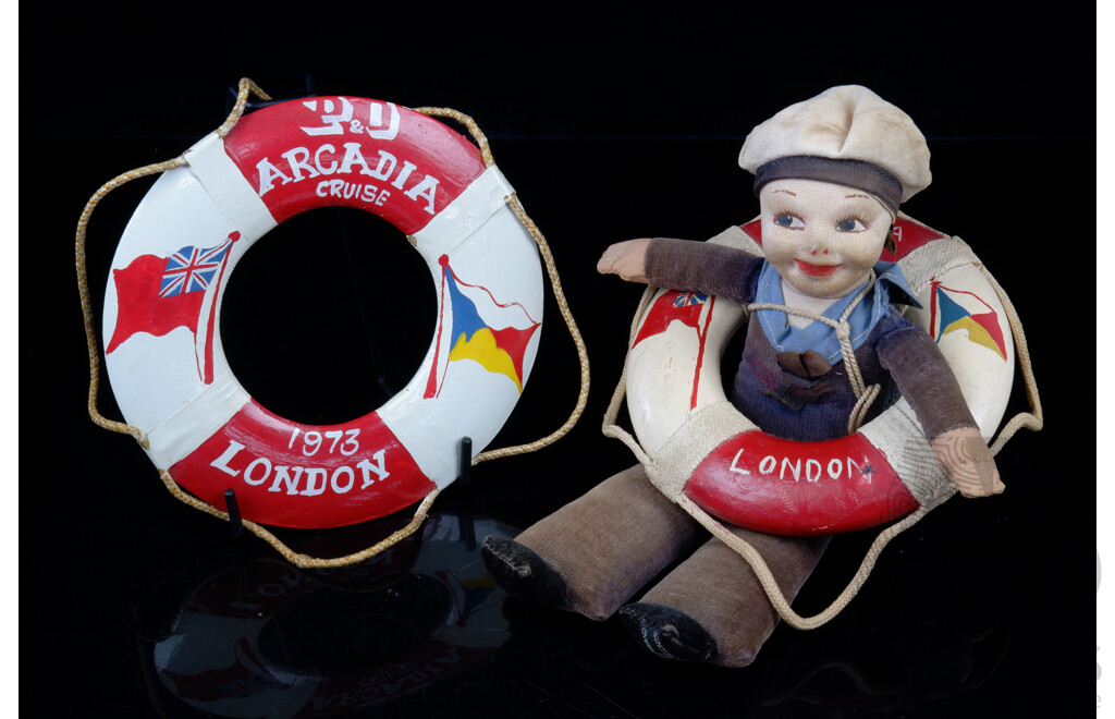 Vintage Norah Welling Sailor Doll with Iberia Life Buoy Along with Later 1973 P & O Arcadia Cruise Life Buoy