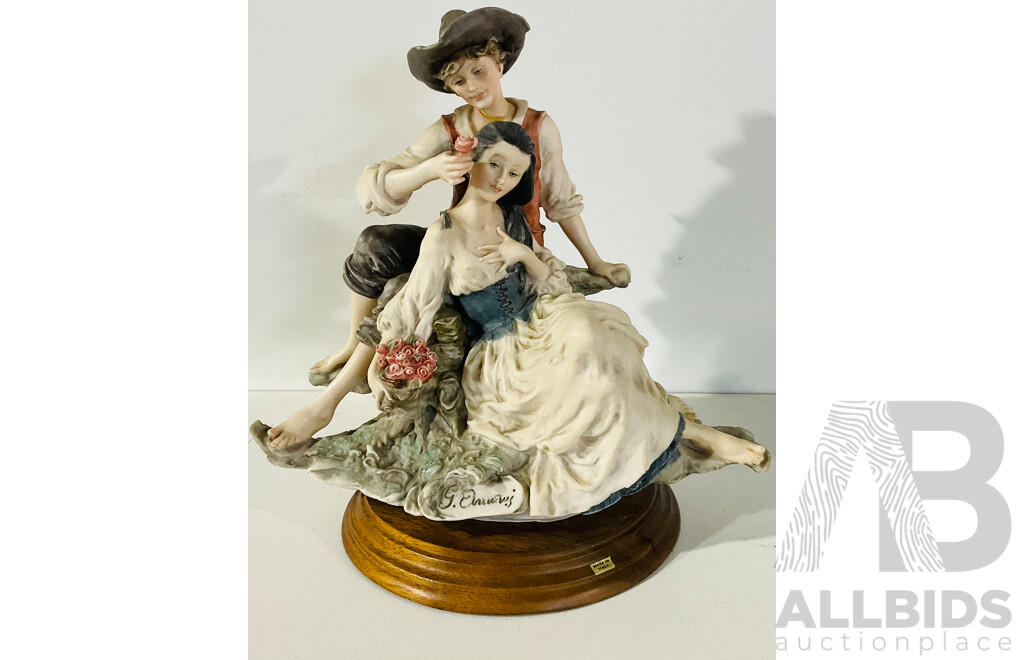 Italian Made Replica - Hand Painted Resin Couple with Roses - on Wooden Base