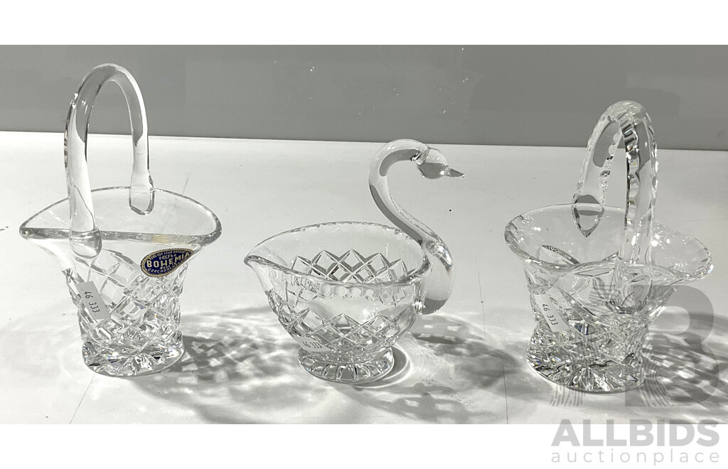 Trio of Hand Cut Bohemia Lead Crystal  Small Dishes - Two Baskets and One Swan