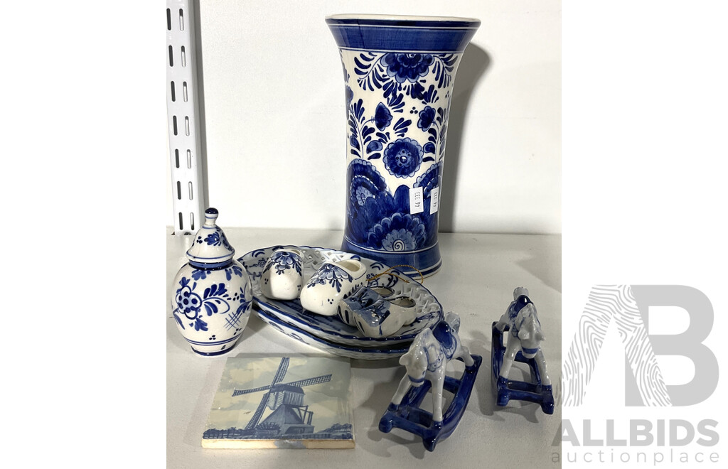 Collection of Delft Blue Ceramic Items Including Two Miniature Rocking Horses, Two Pairs of Clogs, a Vase and More