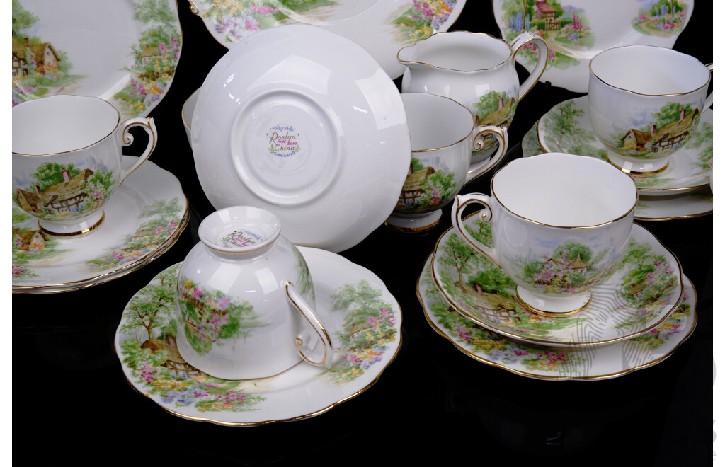 Vintage English Roslyn Fine Bone China 19 Piece Tea Service in Wayside Pattern