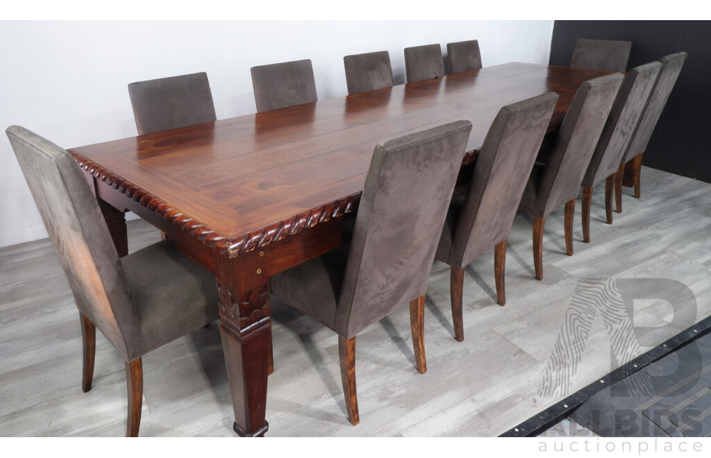 Large Hardwood Banquet Table with Ten Chairs