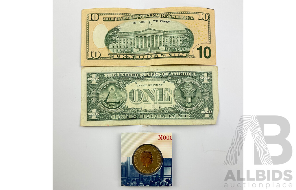 Australian 2013 Commemorative One Dollar Coin, One Hundredth Anniversary First Bank Note with USA 2009 Ten Dollar and 2013 One Dollar Notes