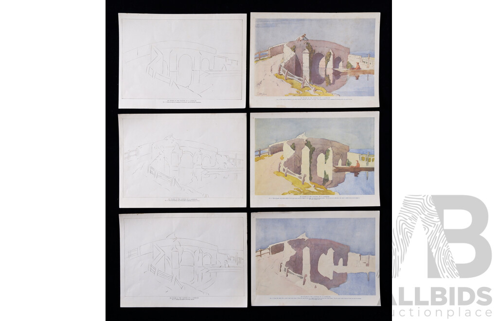 John Littlejohns (British, 1874-1955), Six Stages in the Painting of a Landscape, Colour Vintage Copies, Ink on Paper, 21 x 33 cm (images) (6)