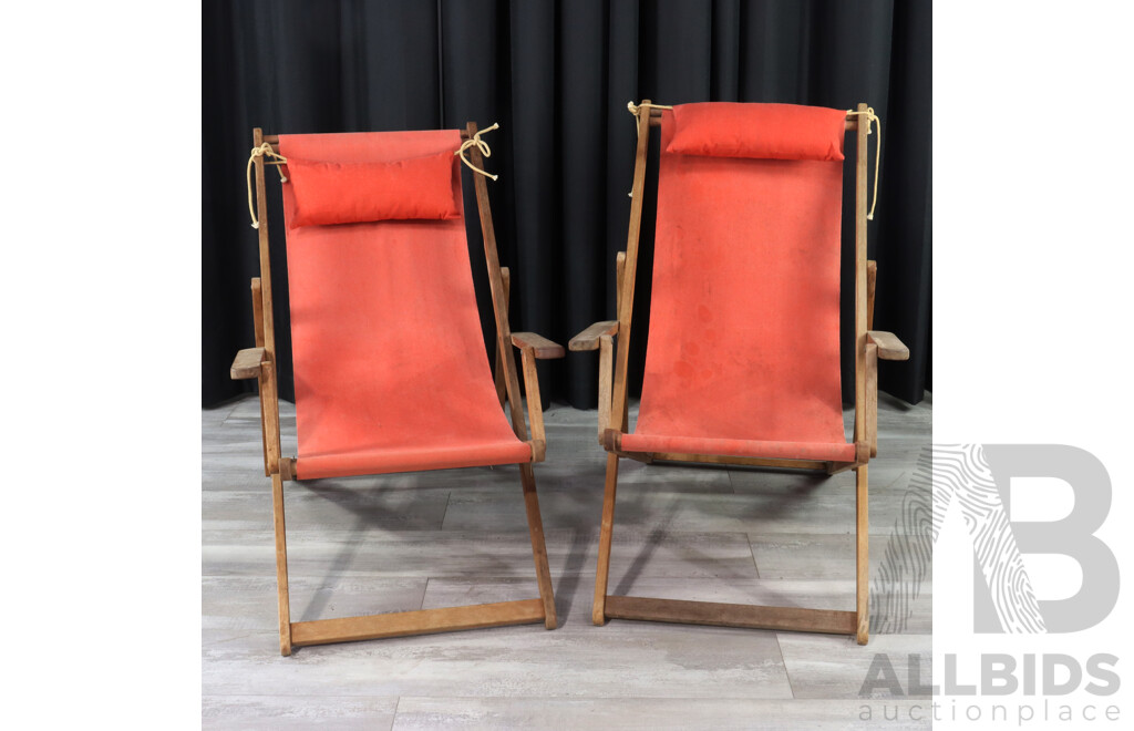 Pair of Vintage Timber Deck Chairs with Red Canvas Sling