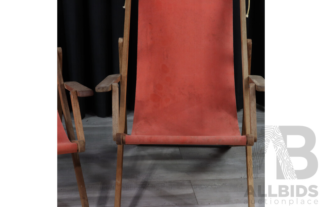 Pair of Vintage Timber Deck Chairs with Red Canvas Sling