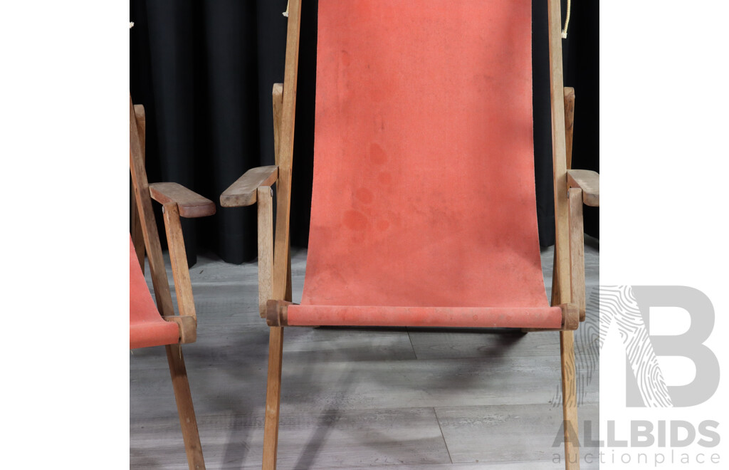 Pair of Vintage Timber Deck Chairs with Red Canvas Sling