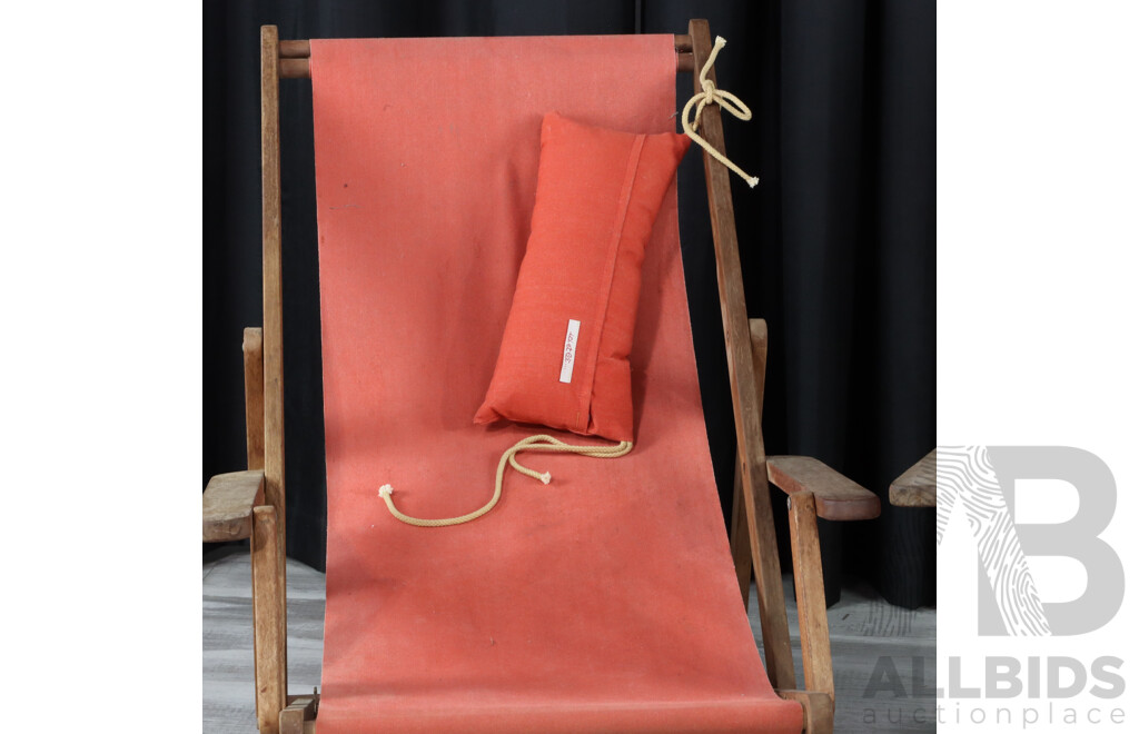 Pair of Vintage Timber Deck Chairs with Red Canvas Sling