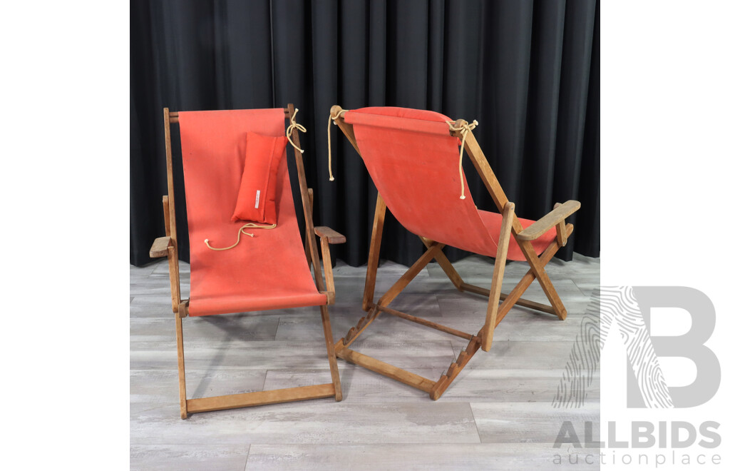 Pair of Vintage Timber Deck Chairs with Red Canvas Sling