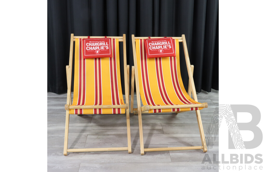 Pair of New Timber Deck Chairs with Red and Yellow Canvas Sling