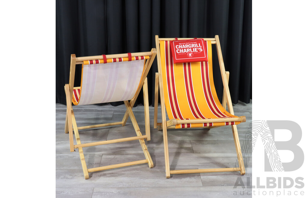 Pair of New Timber Deck Chairs with Red and Yellow Canvas Sling