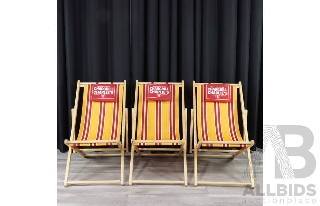 Set of Three NewTimber Deck Chairs with Red and Yellow Canvas Sling