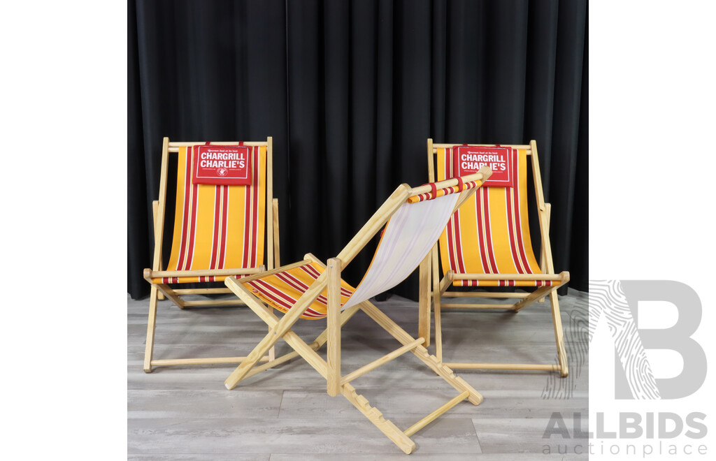 Set of Three NewTimber Deck Chairs with Red and Yellow Canvas Sling