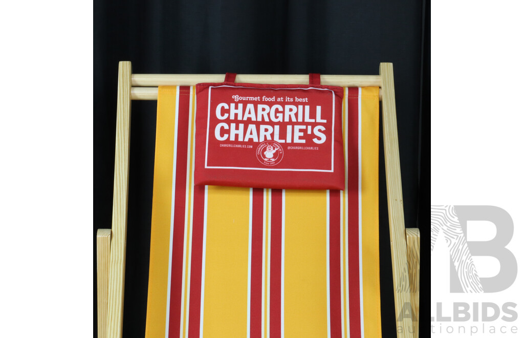 Set of Three NewTimber Deck Chairs with Red and Yellow Canvas Sling